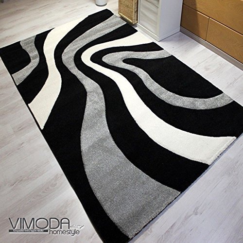 VIMODA Designer Teppich Modern Gestreift Wellen Handgeschnittene Konturen, ÖKO TEX Zertifiziert, Farbe Schwarz Grau Weiss, Maße:160 cm x 230 cm von VIMODA