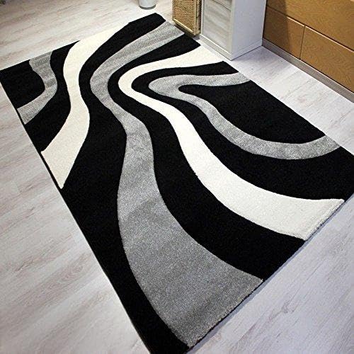 VIMODA Designer Teppich Modern Gestreift Wellen Handgeschnittene Konturen, ÖKO TEX Zertifiziert, Farbe Schwarz Grau Weiss, Maße:80 cm x 150 cm von VIMODA