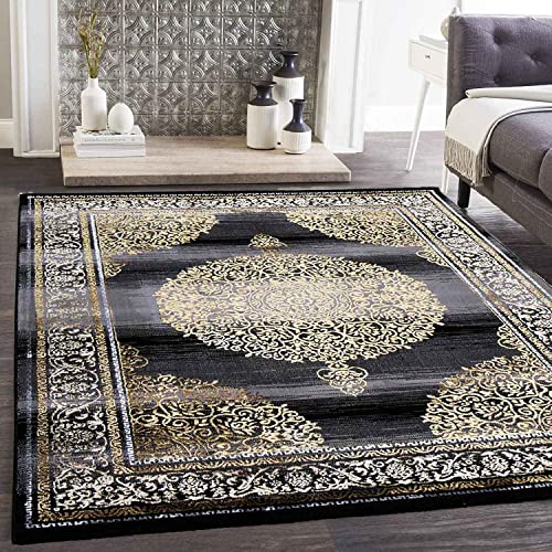 VIMODA Designer Teppich Orientalisch Grau Gold Elegant Orientalisch Glanz, Maße:80x150 cm von VIMODA