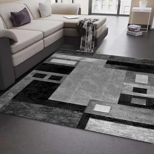 VIMODA Designer Teppich Wohnzimmer Grau Kariert mit Farbverlauf und Konturenschnitt, Maße:200 x 290 cm von VIMODA