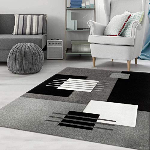 VIMODA Designer Teppich Wohnzimmer Kurzflor dicht gewebt Grau Creme Weiß Schwarz Kariert Linien mit Konturenschnitt, Maße:80 x 300 cm von VIMODA