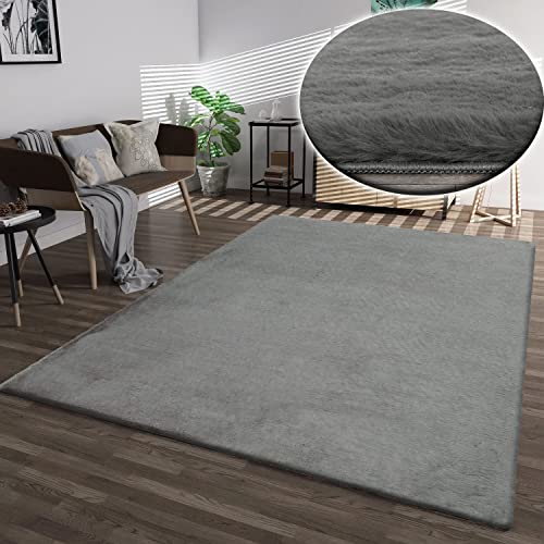 VIMODA Fellteppich Kunstfell Teppich Imitat in Grau Dicht Flauschig Seidiger Glanz Hochflor, Maße:80x150 cm von VIMODA