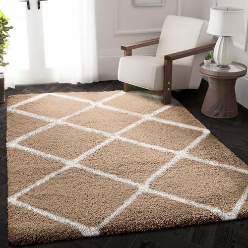 VIMODA Hochflor Shaggy Teppich Rauten Design Creme Beige Modern, Maße:160x220 cm von VIMODA