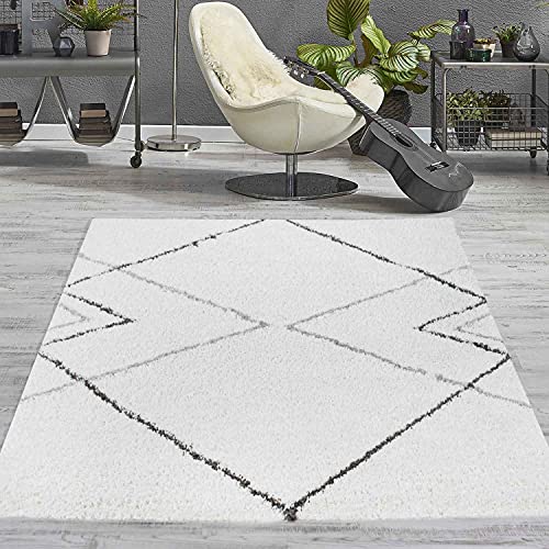 VIMODA Hochflor Shaggy Teppich Rauten Muster Design Wohnzimmer Creme Grau Anthrazit, Maße:140x200 cm von VIMODA