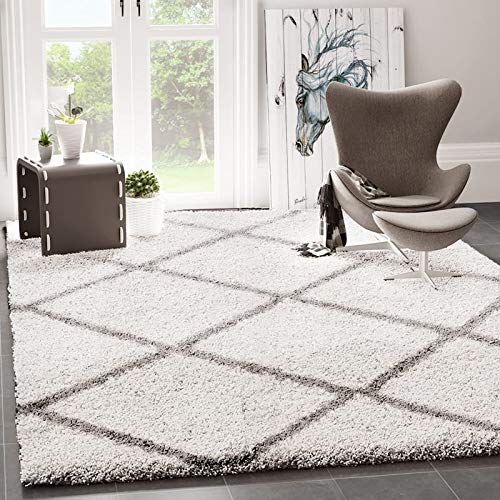 VIMODA Hochflor Shaggy Teppich Rauten Muster Design Wohnzimmer Creme Grau Modern, Maße:140x200 cm von VIMODA