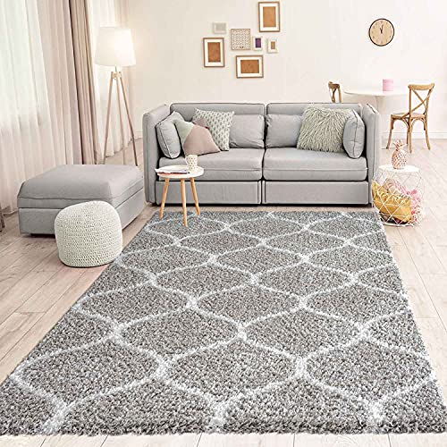 VIMODA Hochflor Teppich Muster Shaggy Marokkanisch Rauten Deko Wohnzimmer Grau Creme weich Robust Ethno, Maße:200x280 cm von VIMODA