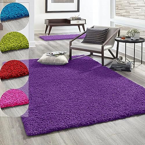 VIMODA Hochflor Teppich Prime Shaggy Langflor Wohnzimmer Schlafzimmer Rund Farbig, Farbe:Lila, Maße:140x200 cm von VIMODA