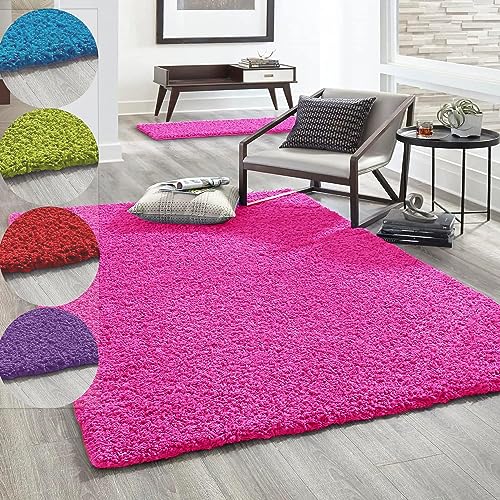 VIMODA Hochflor Teppich Prime Shaggy Langflor Wohnzimmer Schlafzimmer Rund Farbig, Farbe:Pink, Maße:140x200 cm von VIMODA