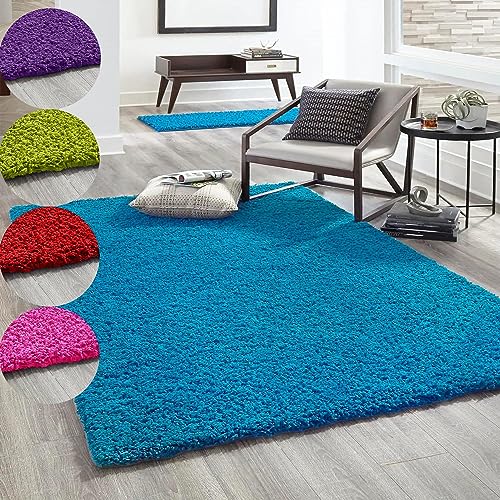 VIMODA Hochflor Teppich Prime Shaggy Langflor Wohnzimmer Schlafzimmer Rund Farbig, Farbe:Turkis, Maße:70x140 cm von VIMODA