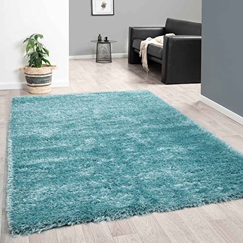 VIMODA Hochflor Teppich Wohnzimmer Shaggy Super Weich Soft Pastellfarben Einfarbig, Farbe:Turkis, Maße:80x150 cm von VIMODA