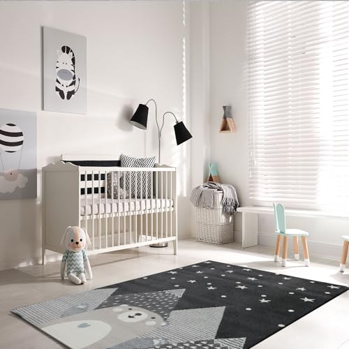 VIMODA Kinderteppich Babyteppich Kinderteppich für Mädchen und Jungs mit lächelndem Bären Motiv | Teppich für Kinderzimmer | Farbe: Grau Anthracite & Creme, Maße:120x170 cm von VIMODA