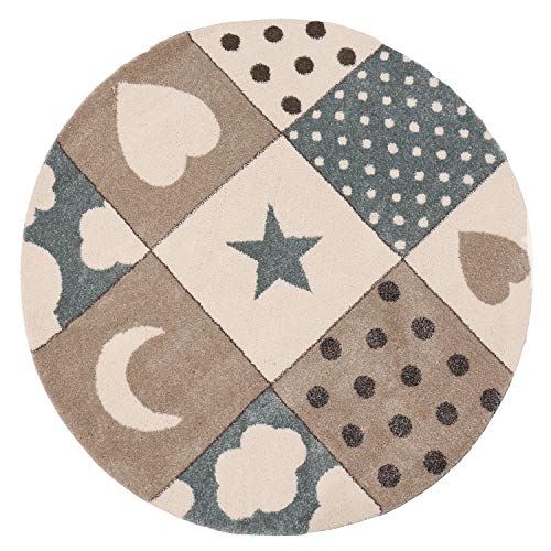 VIMODA Kinderteppich Teppich Kinderzimmer Babyteppich mit Herz Stern Mond, Maße:Ø 120 cm Rund von VIMODA