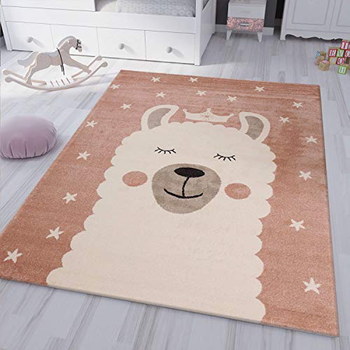 VIMODA Kinderteppich Teppich Lama König Sterne Spielzimmer Kinderzimmer Babyzimmer Pink Creme Kurzflor weich flauschig, Maße:160x230 cm von VIMODA