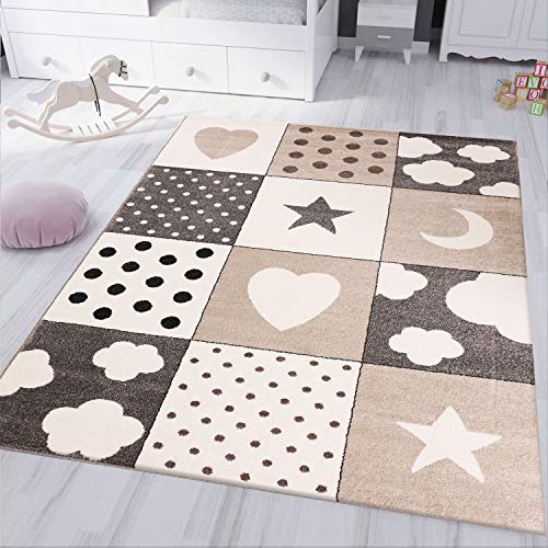 VIMODA Kinderteppich kinderzimmer Teppich Babyteppich mit Herz Stern Wolke Flauschig Beige, Maße:120x170 cm von VIMODA