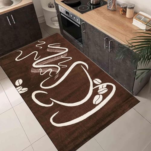 VIMODA Küchenteppich Braun Trendiger Kaffee Teppich, Cappuccino Muster Tasse Kurzflor, Maße:120 x 170 cm von VIMODA