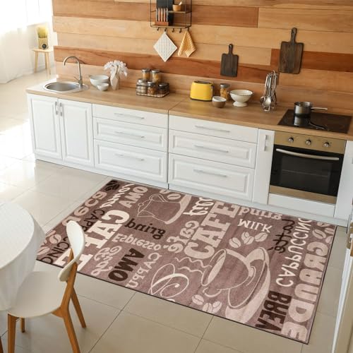 VIMODA Küchenteppich Teppichläufer Coffee Modern Kaffee Design in Braun Beige Teppich für Lounge oder Küche, Maße:60x100 cm von VIMODA