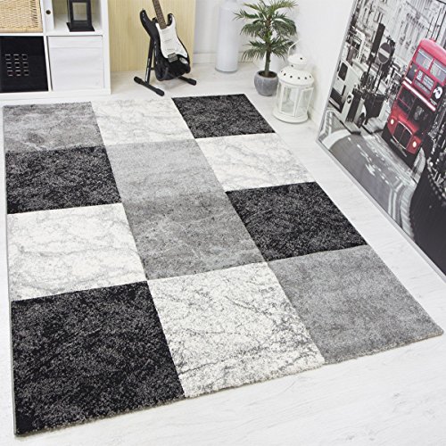 VIMODA Moderner Designer Teppich, kariert, handgeschnittene Konturen, Farbe Schwarz Weiss Grau - ÖKO TEX Zertifiziert - Pflegeleicht, Maße:160 cm x 230 cm von VIMODA