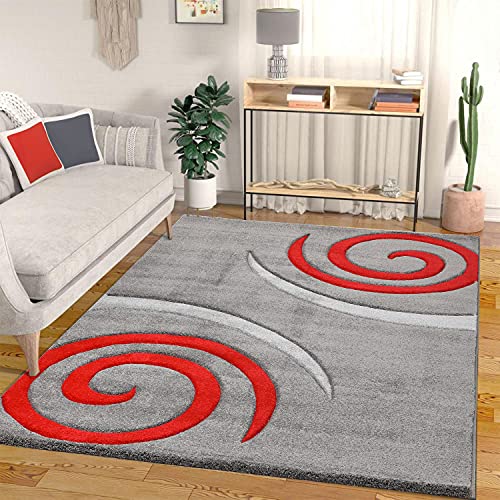 VIMODA Teppich Kurzflor Spiral Zeichnung dicht gewebt dick und weiche Oberfläche Grau Rot Konturenschnitt aus Hand für Wohnzimmer, Schlafzimmer, küche, Maße:80x150 cm von VIMODA