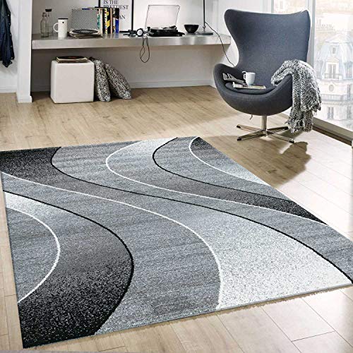 VIMODA Teppich kurzflor Geometrisches Kurven Muster Meliert Grau Anthrazit für für Wohnzimmer, Schlafzimmer, küche, Maße:120 x 170 cm von VIMODA