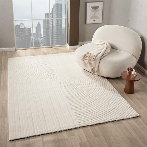 VIMODA Moderner Kurzflor Teppich Wohnzimmer Schlafzimmer Boho Optik Regenbogen Skandinavisch, Farbe:Creme, Maße:120x170 cm von VIMODA