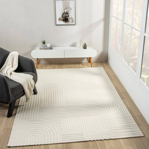 VIMODA Moderner Kurzflor Teppich Wohnzimmer Schlafzimmer Skandinavisch in Creme, Farbe:Bogen, Maße:120x170 cm von VIMODA