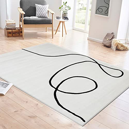 VIMODA Moderner One-Line Wohnzimmer Teppich in Creme/Schwarz Kunstdesign Kurzflor, Maße:120x170 cm von VIMODA