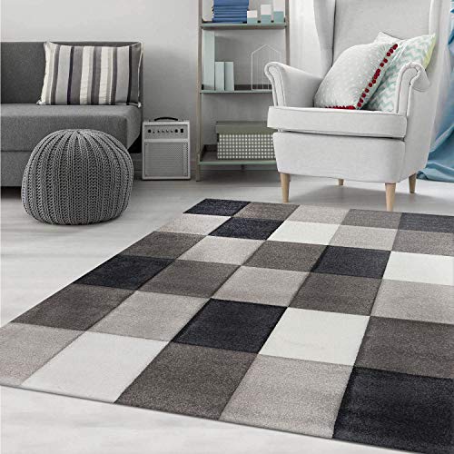 VIMODA Kurzflor Teppich Wohnzimmer Kariert Grau Anthrazit Creme Beige Weich Robust Konturenschnitt, Maße:120x170 cm von VIMODA