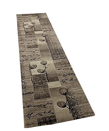 VIMODA Designer Teppich Wohnzimmer Naturfarben Beige Braun mit Floralem Motiv, Maße:80x300 cm von VIMODA