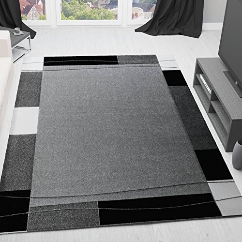 VIMODA Teppich Modern Klassiker Kurzflor dicht gewebt mit Bordürenmotiv grau weiß schwarz und Konturenschnitt, Maße:160 x 230 von VIMODA