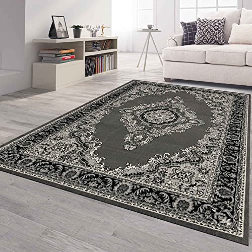 VIMODA Orient Teppich grau schwarz klassisch Ornament dicht gewebt Kurzflor farbecht, Maße:Ø 120 cm Rund von VIMODA