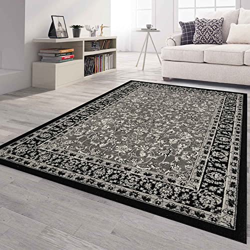 VIMODA Orient Teppich grau schwarz klassisch dicht gewebt mit Ornament und Blumenmotiven, Maße:80x300 cm von VIMODA