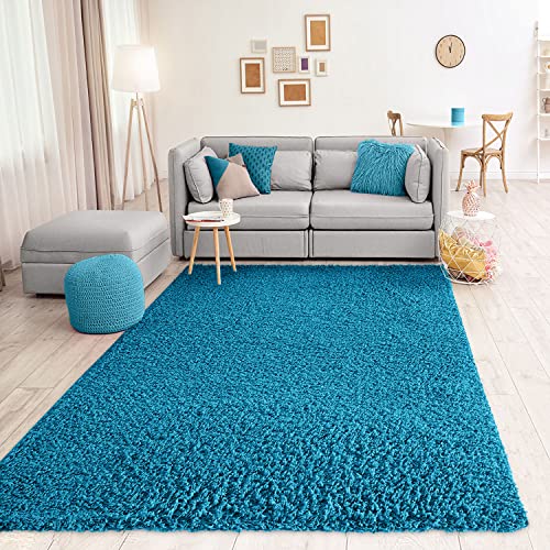 VIMODA Teppich Prime Shaggy Hochflor Langflor Einfarbig Modern Türkis für Wohnzimmer, Schlafzimmer, küche, Maße:150 cm Quadrat von VIMODA