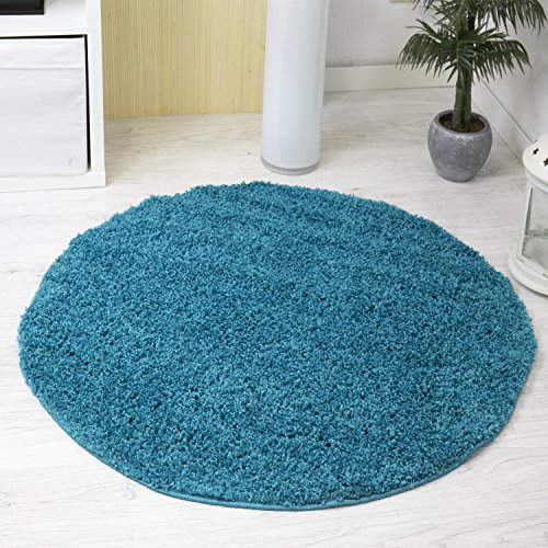 VIMODA Prime Shaggy Teppich Farbe Türkis Hochflor Langflor Teppiche Modern für Wohnzimmer Schlafzimmer, Maße:Ø 200 cm Rund von VIMODA