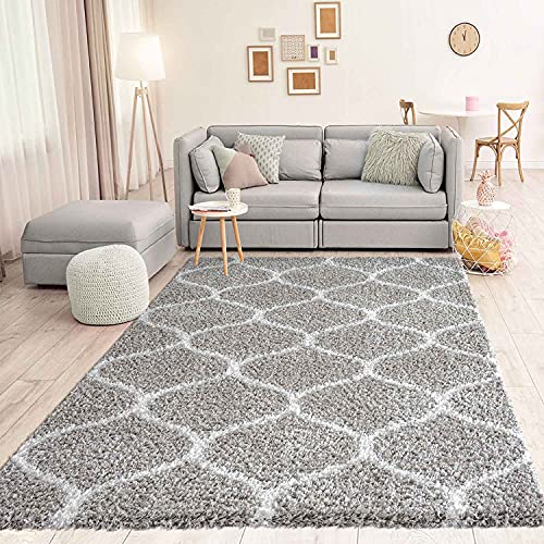 VIMODA Hochflor Teppich Muster Shaggy Marokkanisch Rauten Deko Wohnzimmer Grau Creme weich Robust Ethno, Maße:140x200 cm von VIMODA