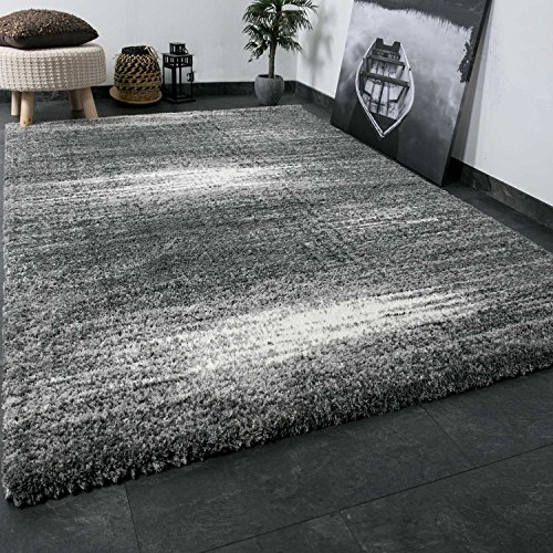 VIMODA Shaggy Teppich Microfaser Polyester Farbe Grau Weiss Extra Flauschig Dicht Gewebt Hochflor, Maße:80x300 cm von VIMODA
