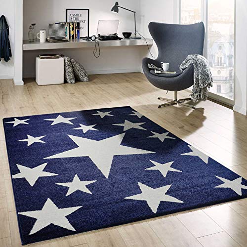 VIMODA Teppich Kurzflor Sterne Himmel Modern Blau Weiß Jugendzimmer für kinderzimmer, Wohnzimmer, Maße:120x170 cm von VIMODA