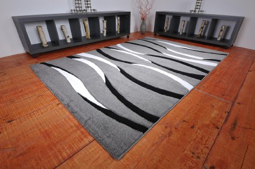 VIMODA Moderner Designer Teppich Geschwungene Linien Grau Weiß Schwarz Harmonisch mit Konturenschnitt 160x230 cm von VIMODA