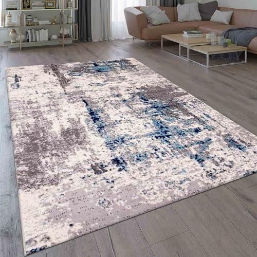 VIMODA Teppich Abstrakt Vintage Look Wohnzimmer Kurzflor Teppich läufer Blau, Maße:120x170 cm von VIMODA