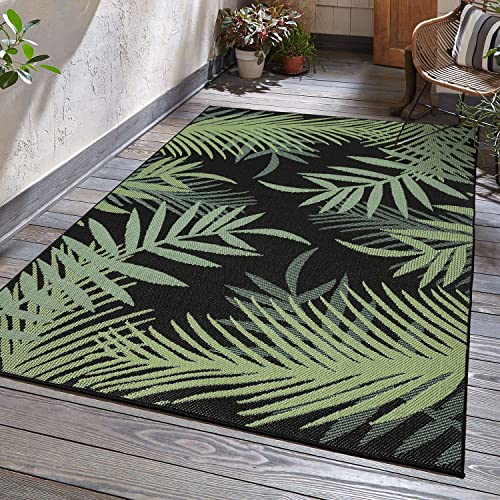 VIMODA Teppich Flachgewebe für Terrasse Balkon Küche In- und Outdoor Palmenmotiv Grün Schwarz, Farbe:Schwarz, Maße:60x100 cm von VIMODA