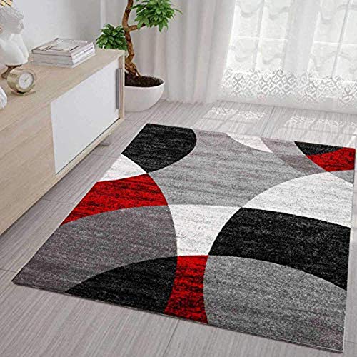 VIMODA Teppich Geometrische Kreismuster Meliert in Grau Weiß Schwarz und Rot, Maße:60x110 cm von VIMODA