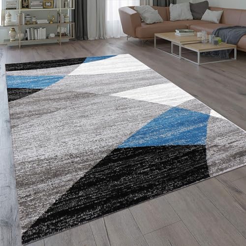 VIMODA Teppich Geometrisches Muster Meliert in Blau Grau Weiß Schwarz Kurzflor Wohnzimmer, Maße:200x280 cm von VIMODA