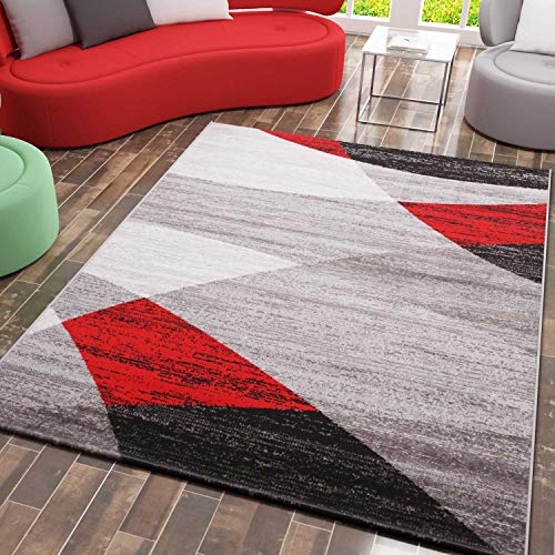 VIMODA Teppich Geometrisches Muster Meliert in Rot Grau Weiß Schwarz Kurzflor Wohnzimmer, Maße:60 x 110 cm von VIMODA