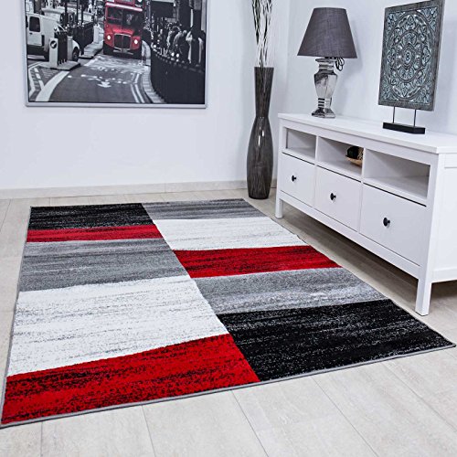 VIMODA Teppich Geometrisches Kachel Muster Meliert kariert in Rot Grau Weiß und Schwarz, Maße:80 x 150 cm von VIMODA