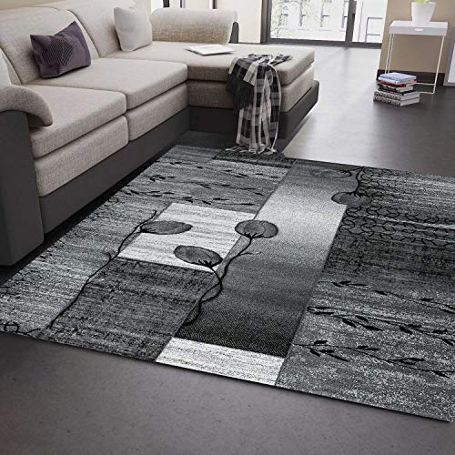 VIMODA Designer Teppich Grau Schwarz Creme Blumenmotiv meliert und Konturenschnitt von Hand, Maße:80x300 cm von VIMODA