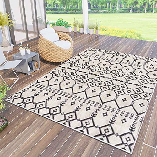 VIMODA Teppich In- und Outdoor Flachgewebe Terrasse Balkon Wetterfest Wintergarten Robust Boho geprägtes Design, Farbe:Beige, Maße:80x150 cm von VIMODA