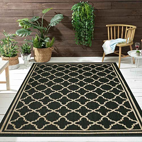 VIMODA Teppich In- und Outdoor Flachgewebe Terrasse Balkon Wetterfest Wintergarten Robust Marokkanisch geprägtes Design, Farbe:Beige-Black, Maße:160x220 cm von VIMODA