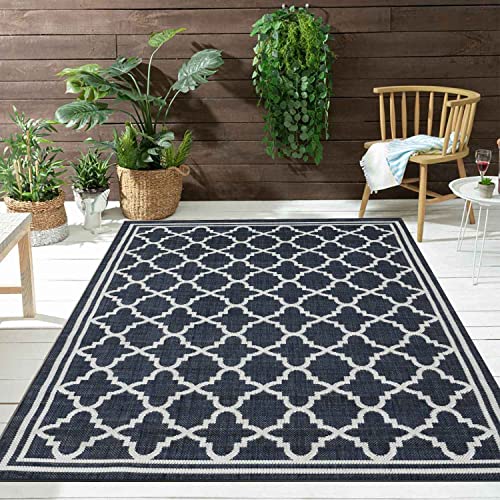 VIMODA Teppich In- und Outdoor Flachgewebe Terrasse Balkon Wetterfest Wintergarten Robust Marokkanisch geprägtes Design, Farbe:Blue, Maße:140x200 cm von VIMODA