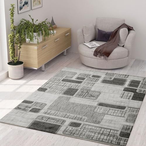 VIMODA Teppich Kurzflor Modern Kariert Retro geometrisches Muster Meliert in Grau für Wohnzimmer, Schlafzimmer, Maße:120x170 cm von VIMODA