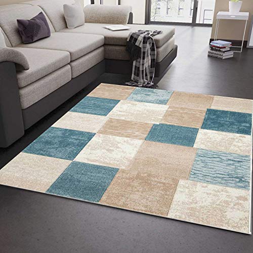 VIMODA Teppich Modern Klassik Kariert Meliert in Turkis Beige Creme, Maße:80 x 150 cm von VIMODA