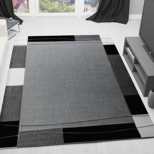 VIMODA Teppich Modern Klassiker Kurzflor dicht gewebt mit Bordürenmotiv grau weiß schwarz und Konturenschnitt, Maße:80 x 150 von VIMODA